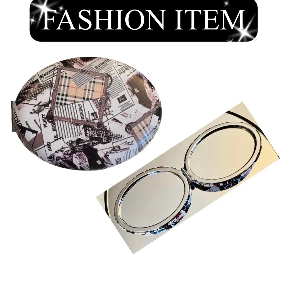 COMPACT MIRROR: Oval-Shaped White, Black, Beige, & Red w/Newspaper Design, NWOT